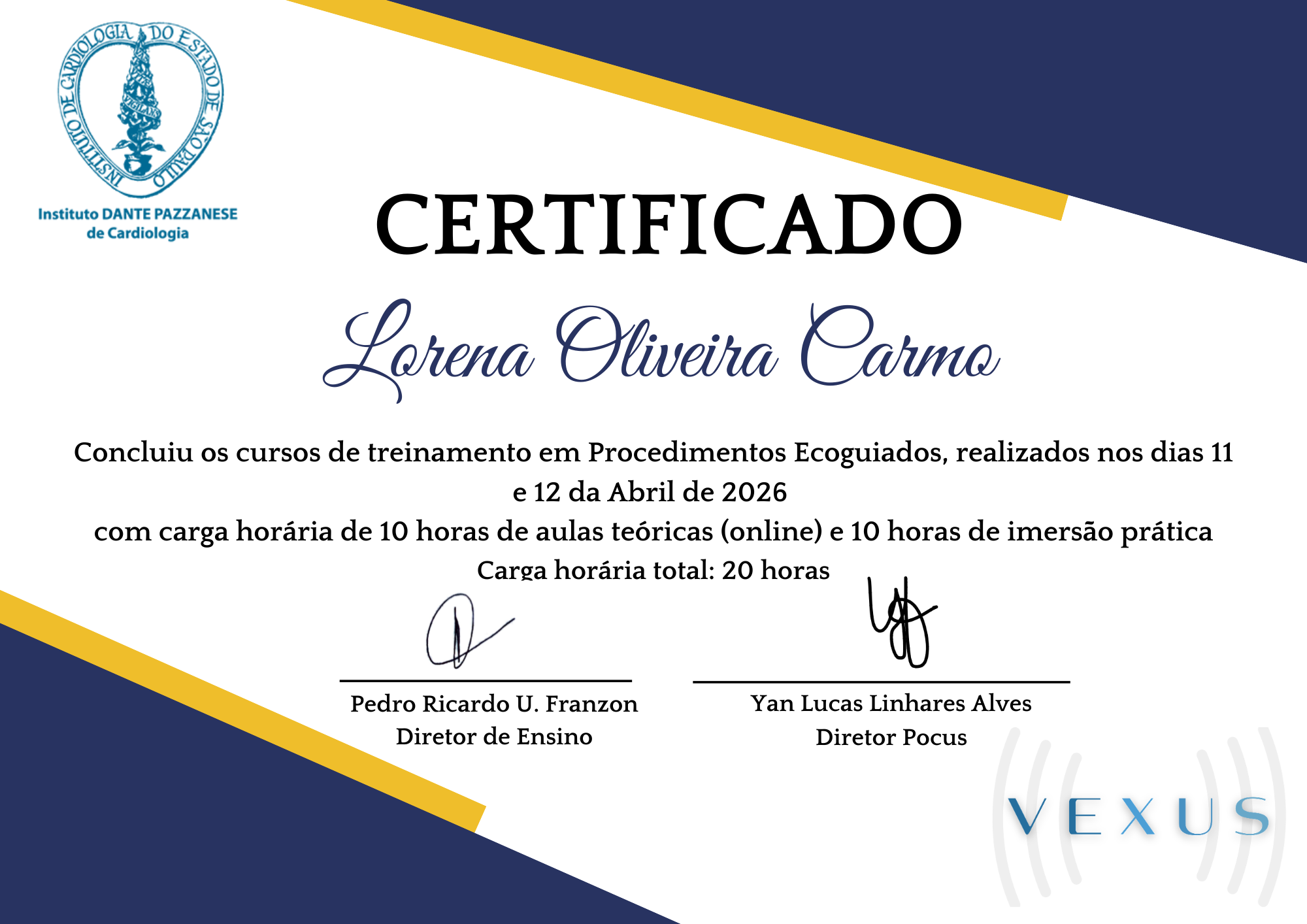 Modelo do certificado VEXUS / Instituto Dante Pazzanese