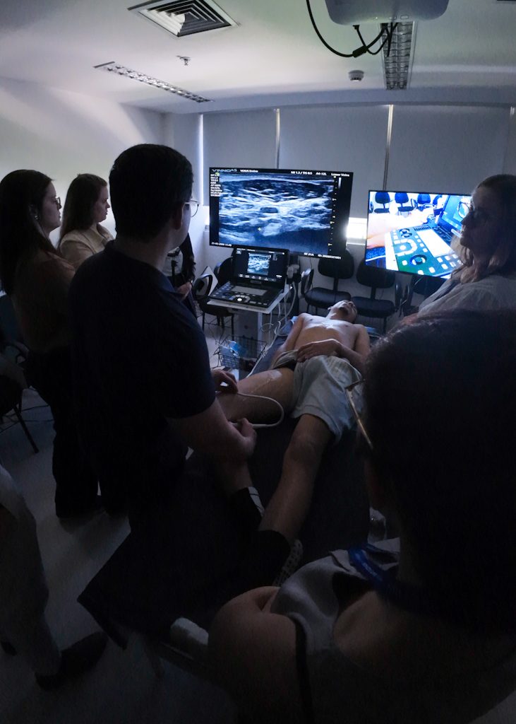 Turma acompanhando ultrassom ao vivo na tela
