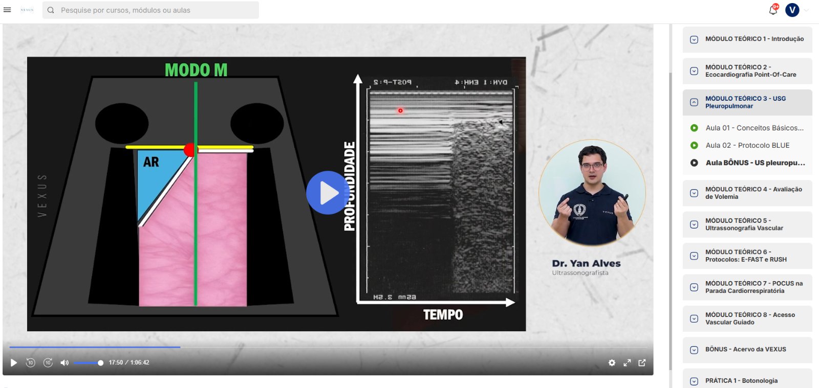Plataforma online do POCUS Essencial: aula de Modo M do ultrassom pleuropulmonar com o Dr. Yan Alves e a trilha de 8 módulos teóricos do curso