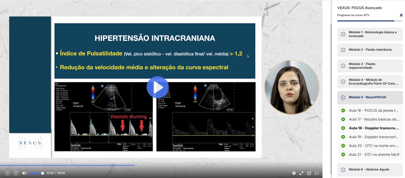 Plataforma online do POCUS Avançado: aula de Doppler transcraniano na hipertensão intracraniana, com a trilha de módulos e progresso do curso
