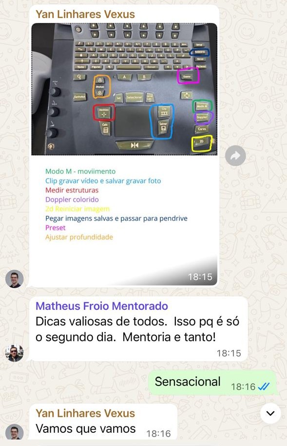 Print do grupo: preceptor Yan Linhares ensinando botonologia e mentorado elogiando a mentoria