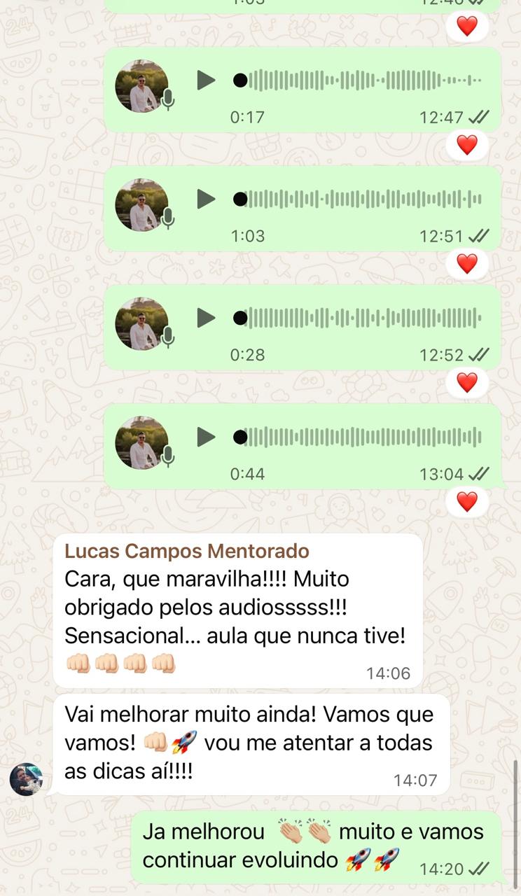 Print do grupo: feedback por áudio do preceptor e agradecimento do mentorado Lucas Campos